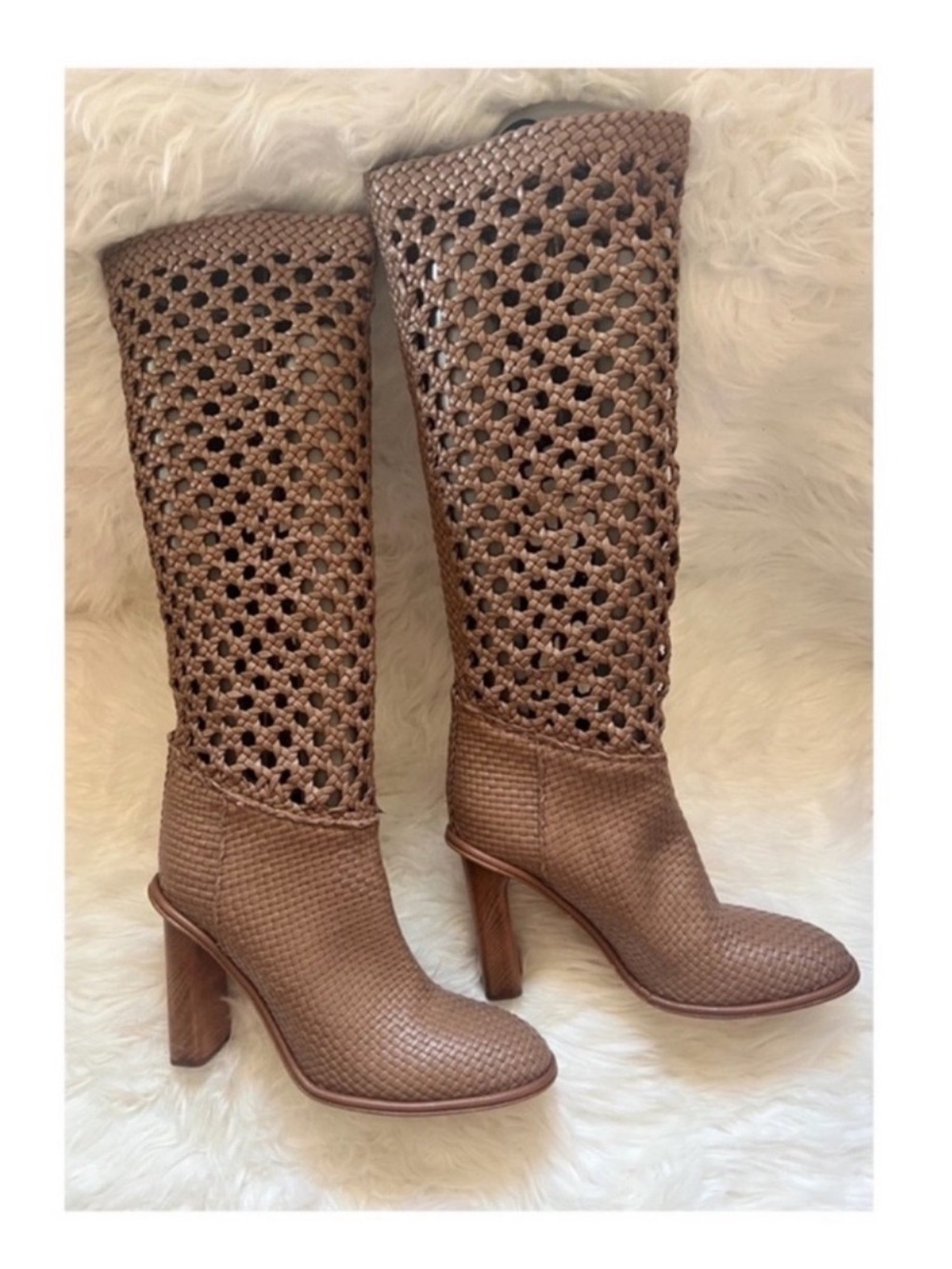 New! Ulla Johnson Hannah Woven Leather Knee-High Square Heel Boots - Picture 2 of 7